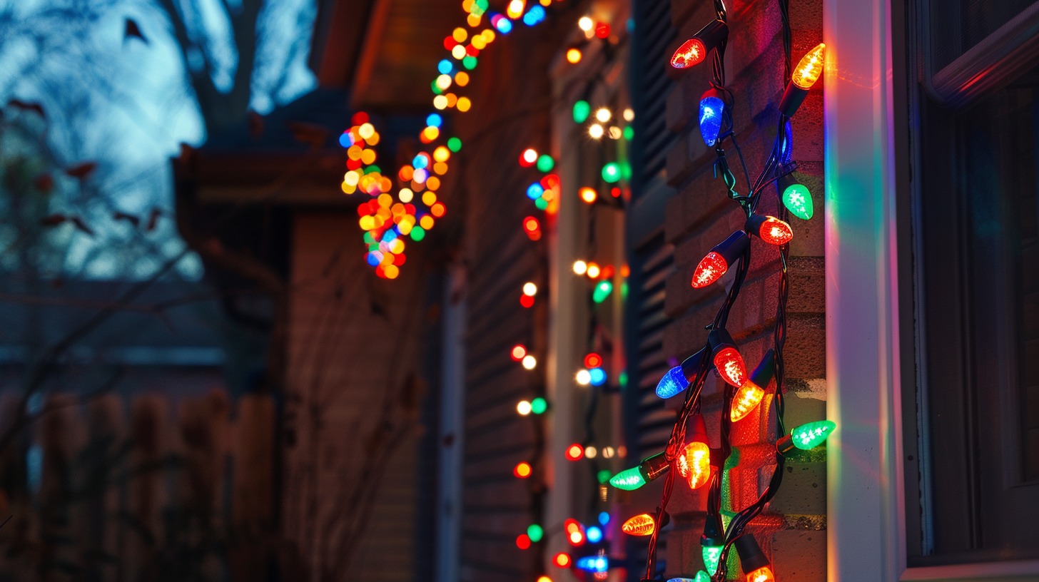 Christmas lights on a house outside