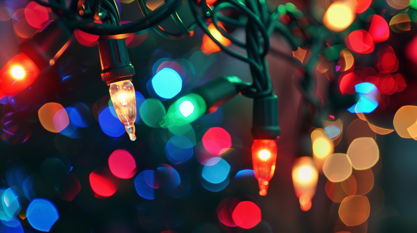 Zoomed in Christmas lights on a tree